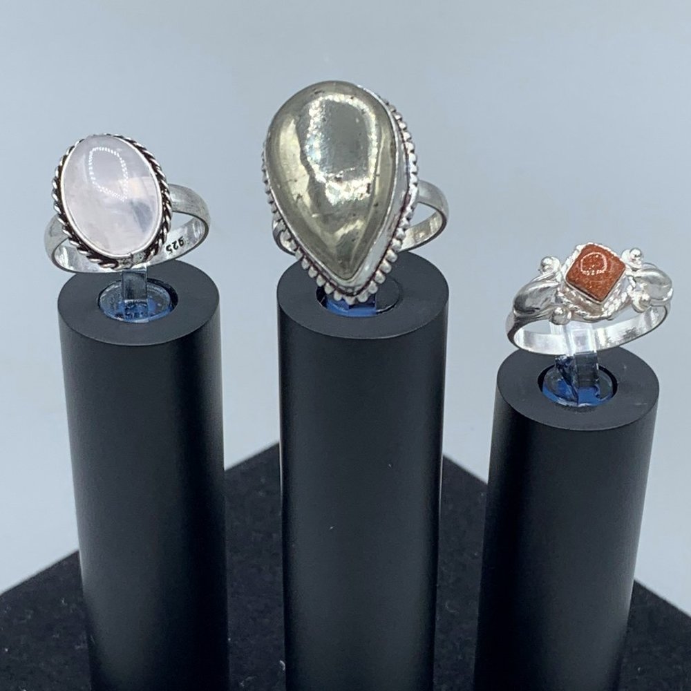 Set Of 3 Silver Toned Rings With Silver Metallic, Pink Opaque & Shimmery Orange